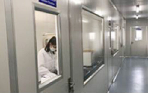 Clean-room corridor with viewing windows